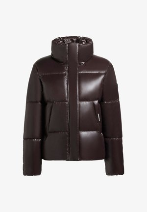 Brun vadderad jacka med hög krage, glänsande yta, dragkedjestängning och sidofickor. Sektioner delade av sydda linjer för en strukturerad look.