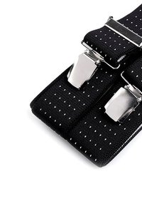 Black elastic suspenders with white polka dots, featuring silver metal clips and adjustable straps for fit. Durable fabric with textured surface.
