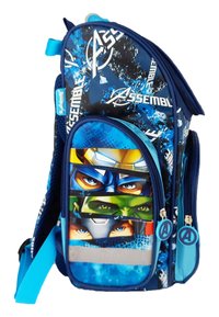 Blue backpack featuring a superhero design with multiple characters' faces. Made from durable fabric, includes zippers and adjustable straps.