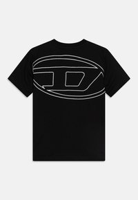 Svart t-skjorte med korte ermer som har en stor hvit kontur-logo på baksiden. Laget av bomull med rund halsdesign og vanlig passform.