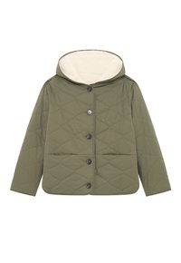 Olivi vihreä tikattu takki, jossa on napit, pitkät hihat, huppu ja pehmeä kermanvärinen fleecevuori hupun sisällä.