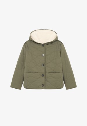 Gequiltede olijfgroene jas met knopen, lange mouwen, capuchon en een zachte crèmekleurige fleecevoering aan de binnenkant van de capuchon.