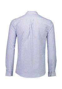 Pasykowana koszula z długim rękawem w niebieskie i białe pionowe paski, z klasycznym kołnierzykiem i mankietami zapinanymi na guziki. Gładki, lekki materiał.