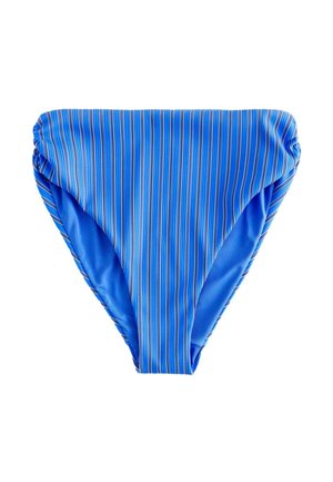 Blaue Bikinihöschen mit dünnen vertikalen Streifen in Hellblau, Weiß und Pink auf weißem Hintergrund.