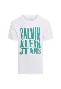 Witte katoenen T-shirt met grote, vetgedrukte turquoise tekst "CALVIN KLEIN JEANS." Rond halslijn, korte mouwen en een losse pasvorm.