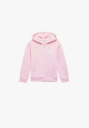 Sweat à capuche zippé rose en coton doux. Comprend des poches kangourou, des poignets et un ourlet côtelés. Texte imprimé en blanc sur la poitrine.