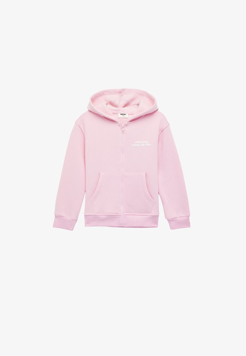 Sudadera con capucha rosa con cremallera, hecha de algodón suave. Cuenta con bolsillos tipo canguro, puños y dobladillo acanalados. Texto impreso en blanco en el pecho.