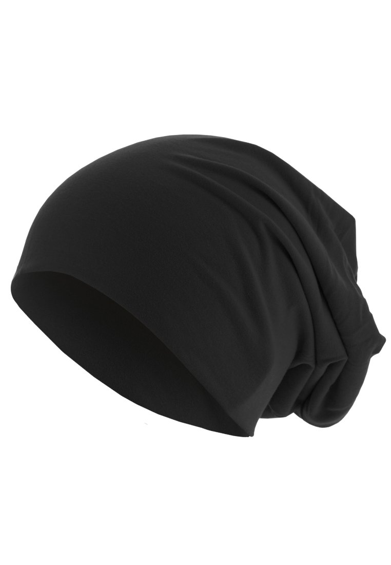Črna slouch beanie kapa, izdelana iz mehke in raztegljive tkanine. Ima ohlapen, zložen dizajn brez vidnih vzorcev ali dodatkov.