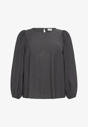 Temno siva bluza z dolgimi rokavi z diskretno vertikalno teksturo, nabranimi napihnjenimi rokavi, okroglo ovratnico in gumbom na zadaj z ključavnico.