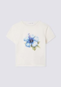 T-shirt bianco in cotone con grafica di un fiore di ibisco blu e foglie verdi, maniche corte e scollatura rotonda. Taglia S.