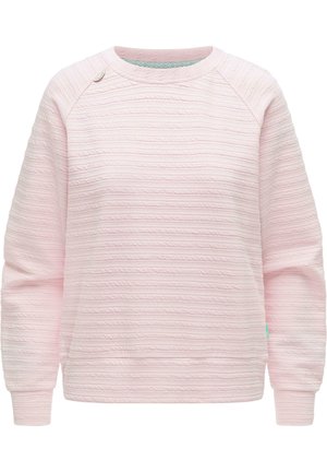 Lyserød tekstureret langærmet sweatshirt med rund halsudskæring, ribbet manchetter og subtilt horisontalt stribemønster.