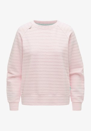 Lichtroze longsleeve sweatshirt met ronde hals, een zachte textuur, geribbelde manchetten en een subtiel horizontaal streeppatroon.