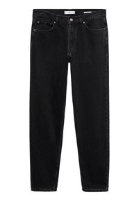 Jeans de mezclilla negra con corte recto, que cuentan con cinco bolsillos, trabillas para cinturón y cierre de cremallera. La tela tiene una textura suave y un desgaste mínimo.