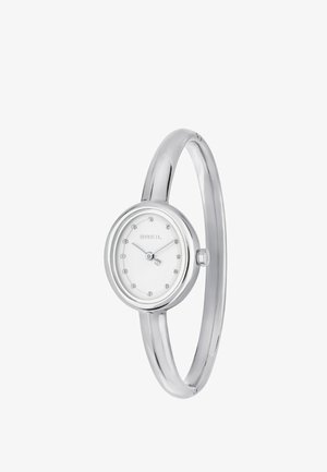 Silberne Armbanduhr mit einem runden, weißen Zifferblatt, das mit Kristall-Stundenmarkierungen versehen ist. Glatte, polierte Metallarmband mit nahtlosem Design.