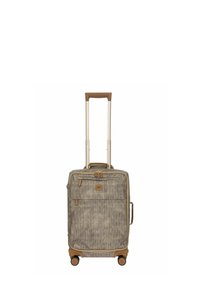 Valise roulante en tissu beige texturé avec des accents marron, poignée rétractable, double roulettes pivotantes et poche à zipper à l'avant.