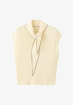 Top tricotat fără mâneci, culoare galben pal, cu un șal moale legat. Prezintă un contur subtil negru, croială lejeră și textură fină.