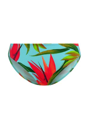 Bikini-Unterteil mit einem tropischen Druck in rot und grünem Blumenmuster auf einem hellblauen Hintergrund. Glattes Material mit elastischen Kanten.