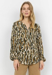 Long-sleeve blouse in beige with a bold abstract print in earthy tones. Features a V-neckline and gathered cuffs. Soft, smooth texture.
