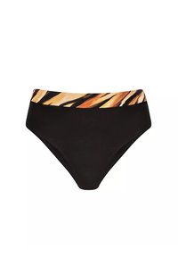 Czarne dno bikini z wysokim stanem. Posiada wzorzysty pasek w odcieniach pomarańczowego i brązowego, przypominający paski zwierzęce. Gładka tekstura.