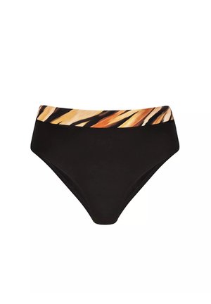 Czarne dno bikini z wysokim stanem. Posiada wzorzysty pasek w odcieniach pomarańczowego i brązowego, przypominający paski zwierzęce. Gładka tekstura.
