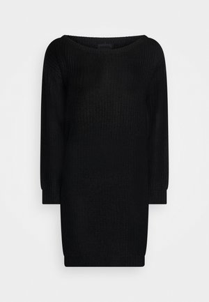 Robe-pull noire à manches longues en maille, avec col, poignets et ourlet côtelés, présentée sur un fond clair uni.