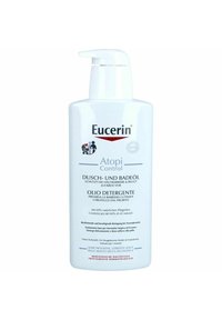 Eucerin Atopi Control Dusch- und Badeöl in einer weißen Plastikflasche mit Pumpspender. Text in mehreren Sprachen, einschließlich eines Logos und wichtiger Produktdetails.