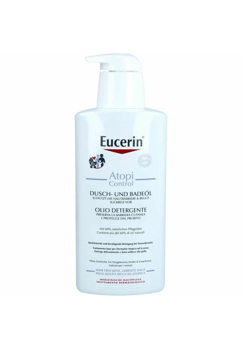 Eucerin Atopi Control Dusch- und Badeöl in einer weißen Plastikflasche mit Pumpspender. Text in mehreren Sprachen, einschließlich eines Logos und wichtiger Produktdetails.