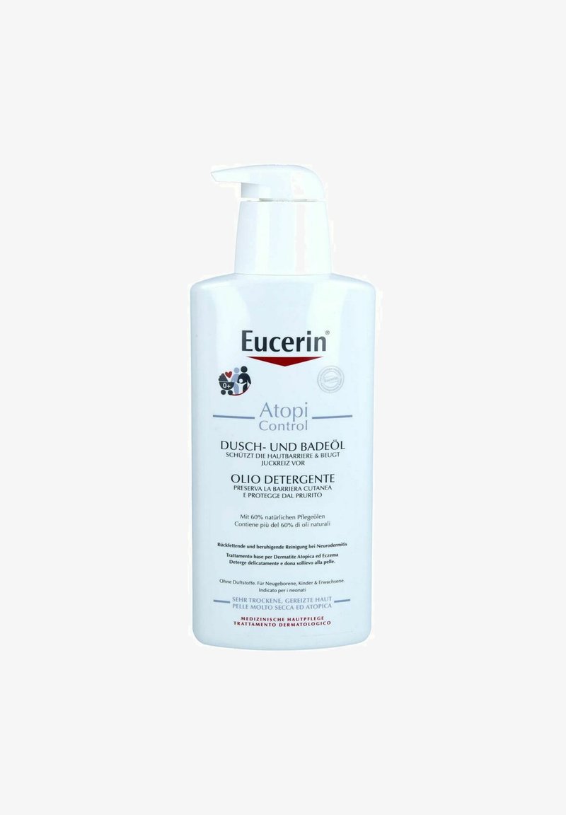 Eucerin Atopi Control Dusch- und Badeöl in einer weißen Plastikflasche mit Pumpspender. Text in mehreren Sprachen, einschließlich eines Logos und wichtiger Produktdetails.