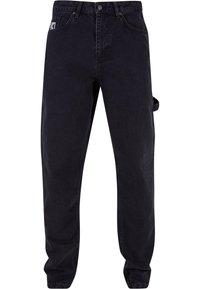 Svarte denimbukser med avslappet passform, med frontlommer, en sideløkke for verktøylagring, og subtile sømdetaljer.