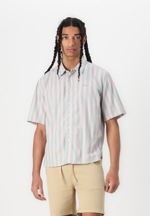 Short-sleeve button-up shirt in light pink and mint green vertical stripes, made from cotton with a relaxed fit and collar.