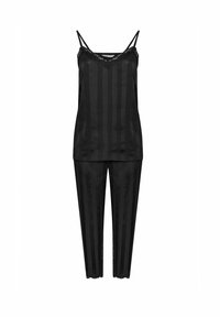 Sovset i svart satin som består av en camisole med spetsdetaljer och justerbara axelband, tillsammans med randiga, avsmalnande byxor med spetskant.