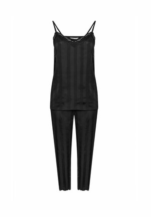 Set da notte in satin nero composto da un top con pizzo e spalline regolabili, abbinato a pantaloni striped a sigaretta con orlo in pizzo.