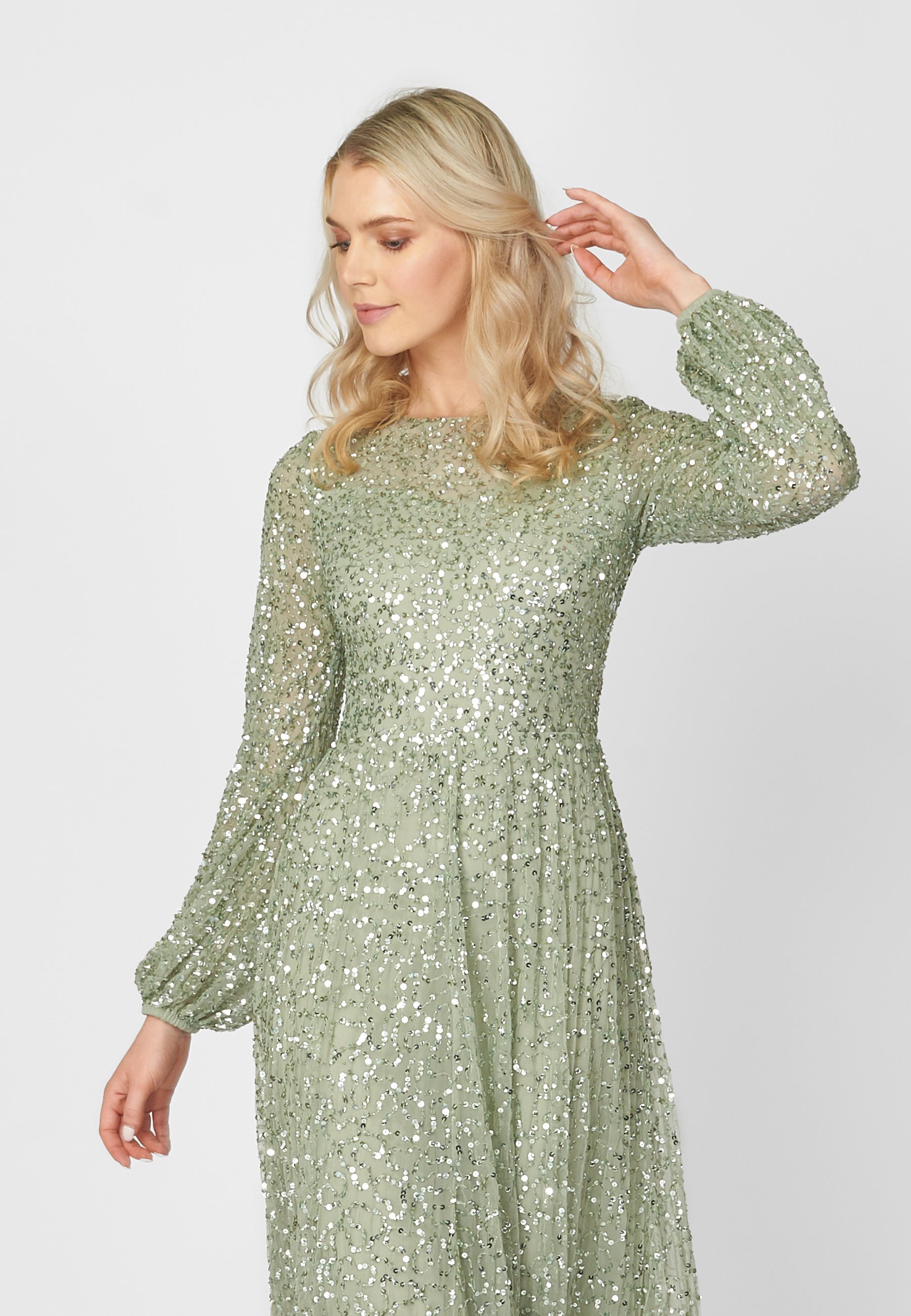 sage green sequin dress Sexy Halter Sage Green Sequined Evening Dress with Slit – FancyVestido main image 1