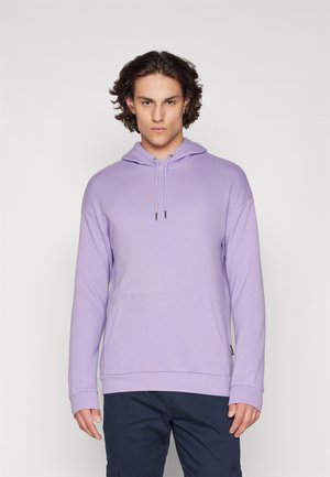 Light purple hoodie with a kangaroo pocket, drawstring hood, and ribbed cuffs. Fabric appears soft and slightly stretchy.