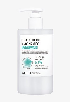 Flacon pompe de gel douche APLB Glutathione Niacinamide, 300 ml, présentant un graphique hexagonal des effets hydratants, éclaircissants, apaisants, calmants et raffermissants.