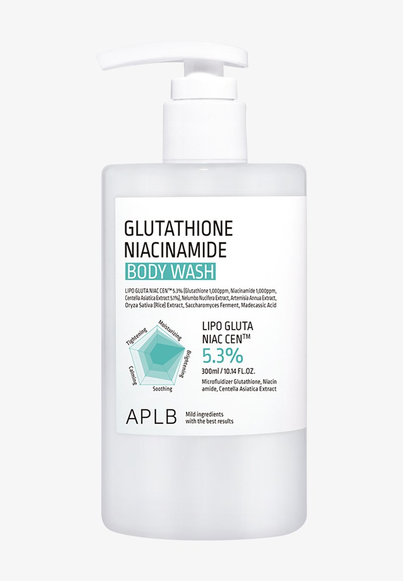 Pumpflaske med APLB Glutathione Niacinamide Body Wash, 300 ml, med et hexagon-diagram over fugtgivende, opstrammende, beroligende, lysnende og beroligende effekter.