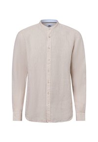 Lichtbeige lange mouwen shirt met een mandarinocol, gestructureerde stof en knoopsluiting aan de voorkant. Eenvoudig, strak design.