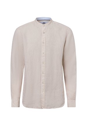Light beige long-sleeve shirt with a mandarin collar, textured fabric, and button closure down the front. Simple, clean design.
