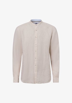 Helle beige Langarmbluse mit Stehkragen, strukturiertem Stoff und Knopfverschluss auf der Vorderseite. Einfaches, klares Design.