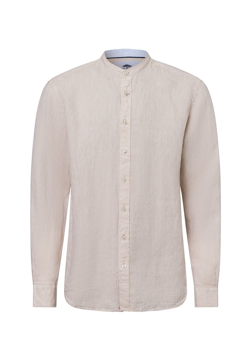 Lichtbeige lange mouwen shirt met een mandarinocol, gestructureerde stof en knoopsluiting aan de voorkant. Eenvoudig, strak design.