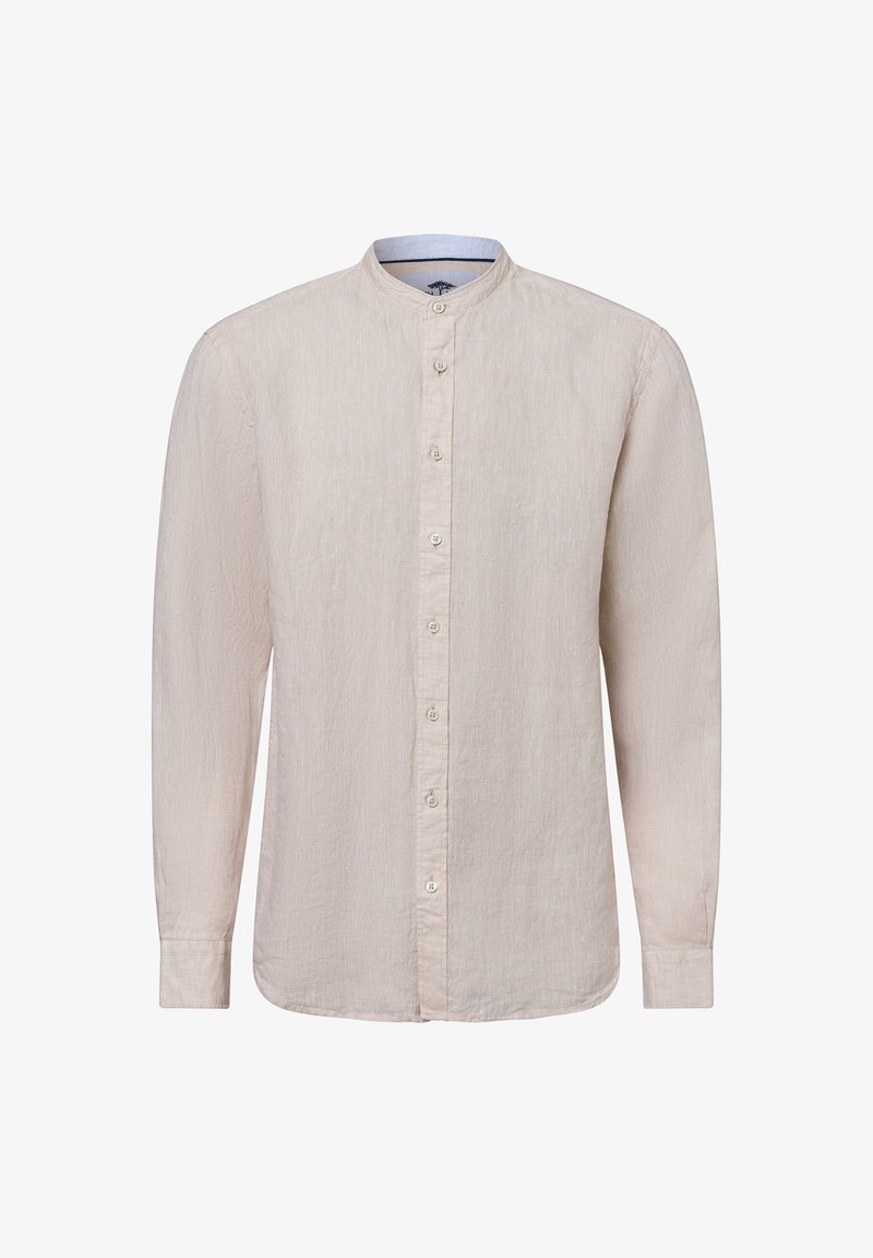 Lichtbeige lange mouwen shirt met een mandarinocol, gestructureerde stof en knoopsluiting aan de voorkant. Eenvoudig, strak design.
