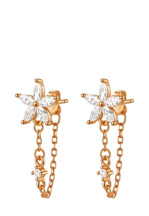Boucles d'oreilles clous en or rose présentant un motif floral avec une chaîne pendante, ornée d'un petit charm en forme d'étoile. Texture métallique lisse.