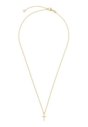 Zarte goldene Kettenhalskette mit einem kleinen Kreuzanhänger und verstellbarem Verschluss auf einem weißen Hintergrund.