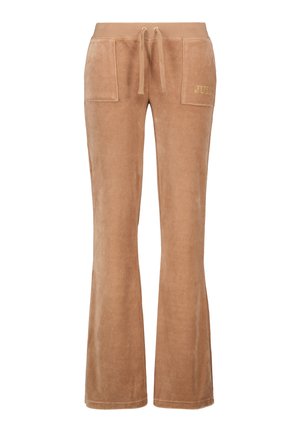 Brown velour flared pants with drawstring waist, two large front pockets, and gold "JULES" embroidery on one pocket. Soft texture.