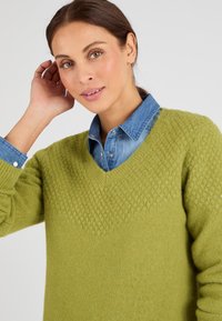 Groene gebreide trui met een v-hals, met een gestructureerd ruitpatroon op de bovenhelft. Gecombineerd met een lichtblauw denim overhemd eronder.