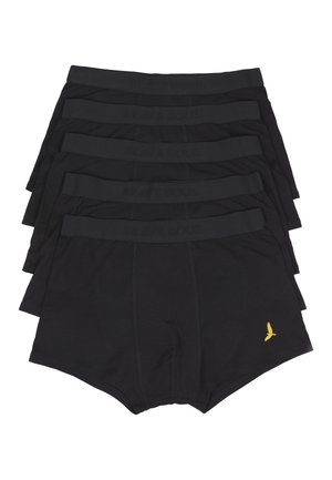 Fünf schwarze Herrenboxershorts gestapelt, jede mit einem breiten Bund und einem kleinen gelben Vogel-Logo unten links.