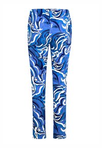 Blaue Hose mit einem wirbelnden Muster in unterschiedlichen Blau- und Weißtönen. Sie haben ein gerades Bein-Design und einen elastischen Bund.