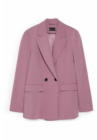 Blazer mauve croisé avec larges revers, deux boutons noirs, poches à rabat et manches longues, présenté sur un fond blanc.