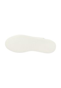 White rubber shoe sole with vertical and horizontal ridges, featuring a flat heel and minimalistic design. Brand logo embossed.