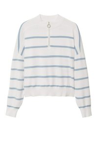 Maglione bianco con righe orizzontali azzurro chiaro, collo alto e chiusura con zip dotata di un anello metallico. Tessuto a maglia morbido con polsini a costine.